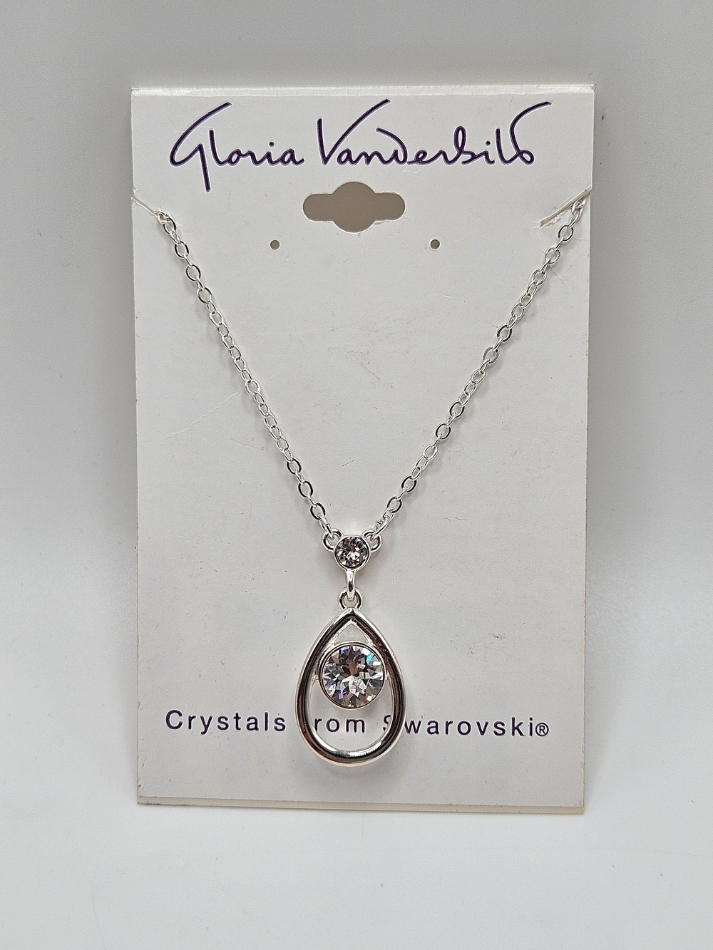 NEW Gloria Vanderbilt Swarovski Crystal Silver Tone Teardrop Pendant Necklace